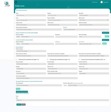L'immagine mostra un'interfaccia utente di un **portale digitale per la gestione dei dati sanitari personali**. La schermata consente di modificare informazioni come **dati anagrafici, contatti, numeri telefonici di familiari e medici, dettagli della carta sanitaria e assicurativa, storico medico e consensi per donazioni di sangue e organi**.  <br /><br />Questa interfaccia è progettata per **digitalizzare e centralizzare i dati sanitari**, facilitando la gestione e l'accesso alle informazioni mediche in modo sicuro ed efficiente.  <br /><br />**Parole chiave SEO:** **gestione dati sanitari, portale medico digitale, cartella clinica elettronica, sicurezza sanitaria online, software gestione salute, digital health platform, archiviazione documenti medici online**.
